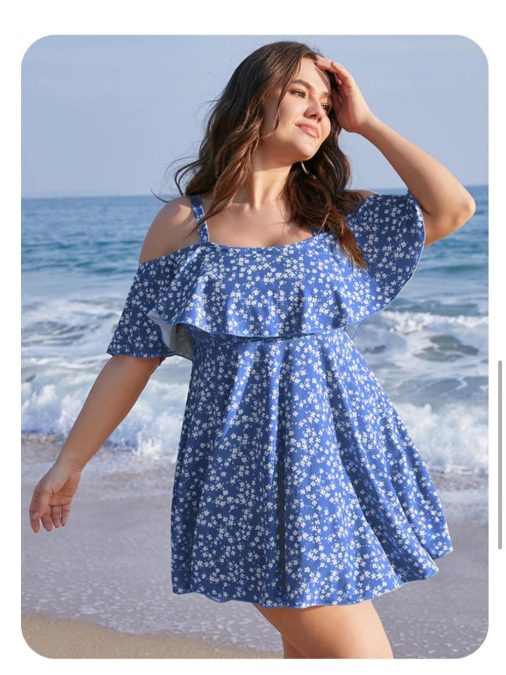 BloomChic Blue & White Floral Cold-Shoulder SwimDress 14-16